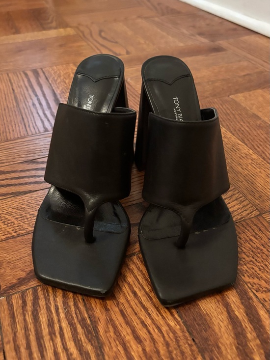 Tony Bianco Shoes - Tony Bianco Black Leather Square Toe Thong Heels